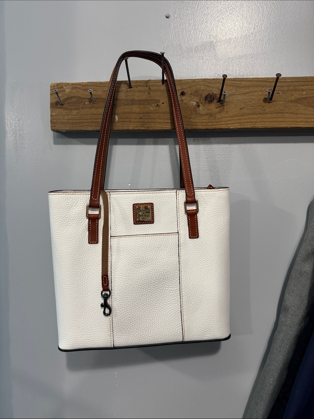Dooney & Bourke White Pebble Leather Tote with Brown Trim and Straps